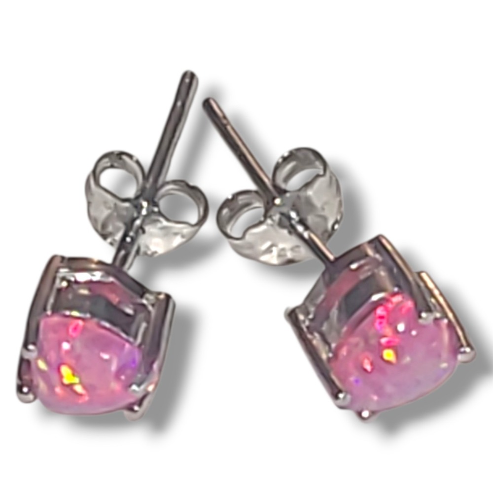 Sterling Silver 925 Pink Fire Opal Heart Stud Earrings‎ FAS Thailand Tiny